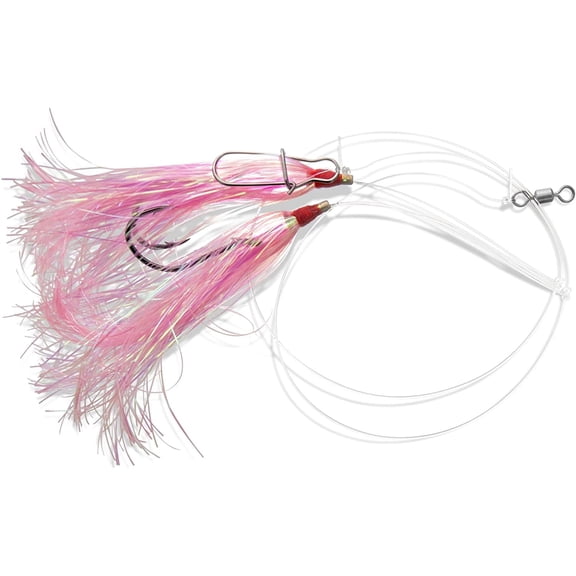 Hi-Lo Rig for fishing – Pink BUCKTAIL Teaser Hook– Size 5/0 Hook - 40lb Heavy Duty Mono 3ft Long - Black Duo-Lock Snaps - Hand Tied