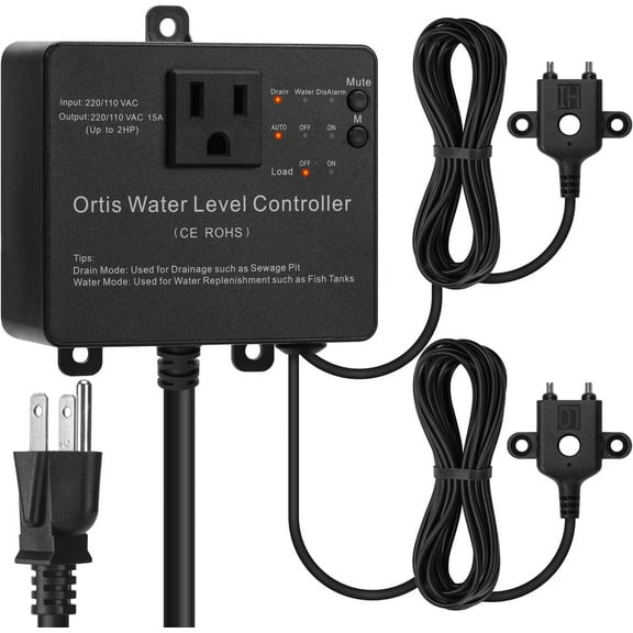 Hi-Lo Sump Pump Switch, Ortis Electronic Adjustable Float Switch Controller with Stainless Steel Anti-Corrosion Dual Sensors, for Sewage Pits, Fish Tanks, Water Tanks, 220/110 VAC, Black