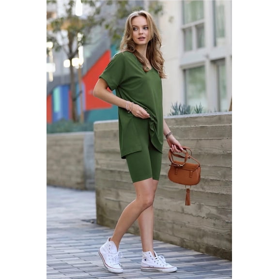 42POPS Hi Low Hem Top & Biker Shorts 2pc Set, Women L