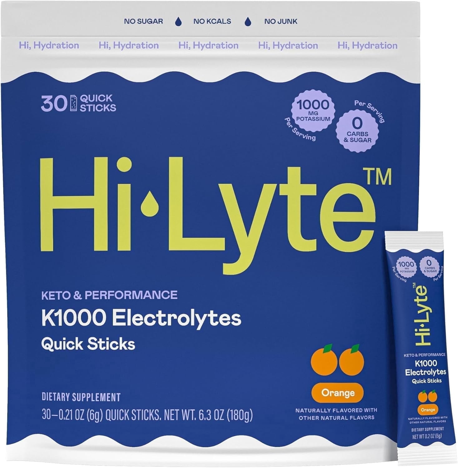 Hi-Lyte K1000 Electrolytes Quick Stix Orange | Hydration Powder Drink Mix | Boost Energy & Beat Leg Cramps | No Maltodextrin or Sugar | 30 Servings