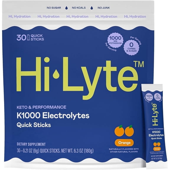 Hi-Lyte K1000 Electrolytes Quick Stix Orange | Hydration Powder Drink Mix | Boost Energy & Beat Leg Cramps | No Maltodextrin or Sugar | 30 Servings