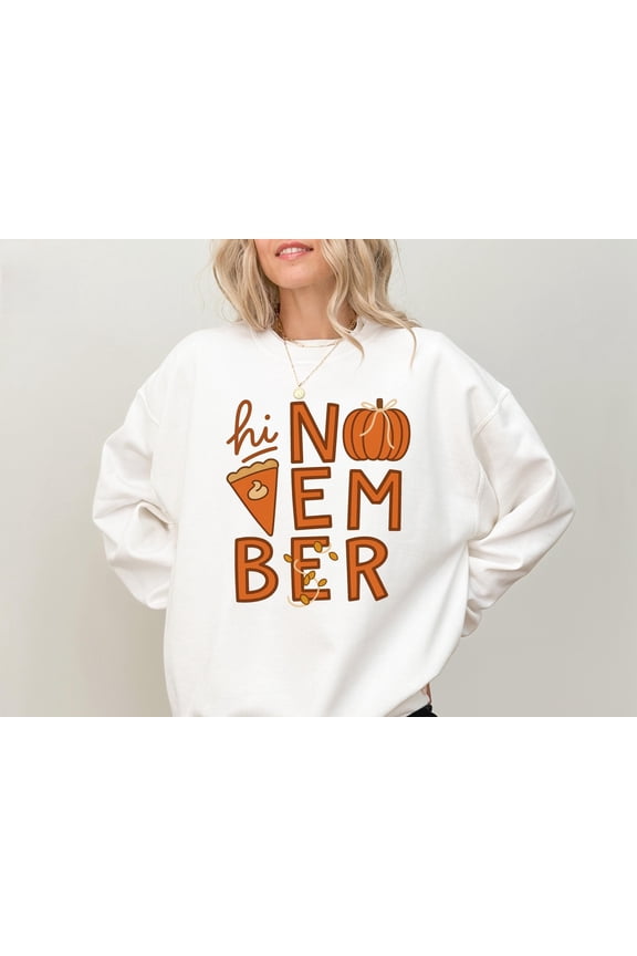 Hi November Sweatshirt – Cozy Pumpkin Patch Fall Crewneck, Autumn Season Graphic Sweater