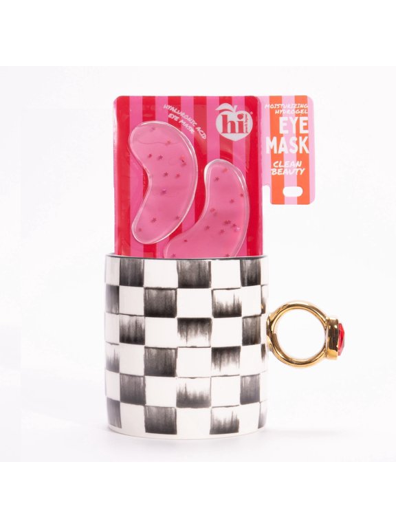 Checkered Ring Mug and Gel Eye Mask Set, Black