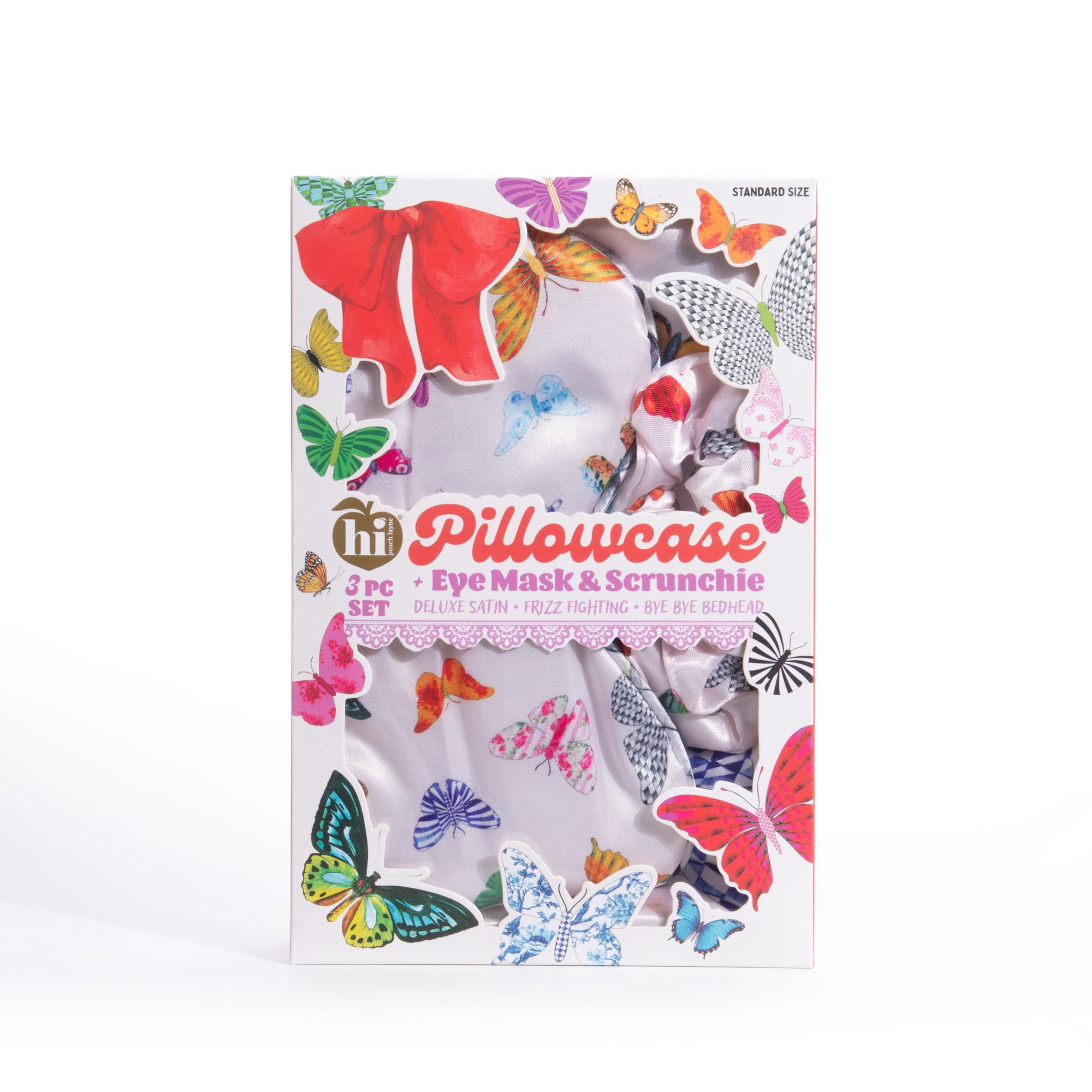 Hi Peach Layne Pillowcase, Eye Mask, and Scrunchie Set, Multicolor Butterfly, 3 Pieces