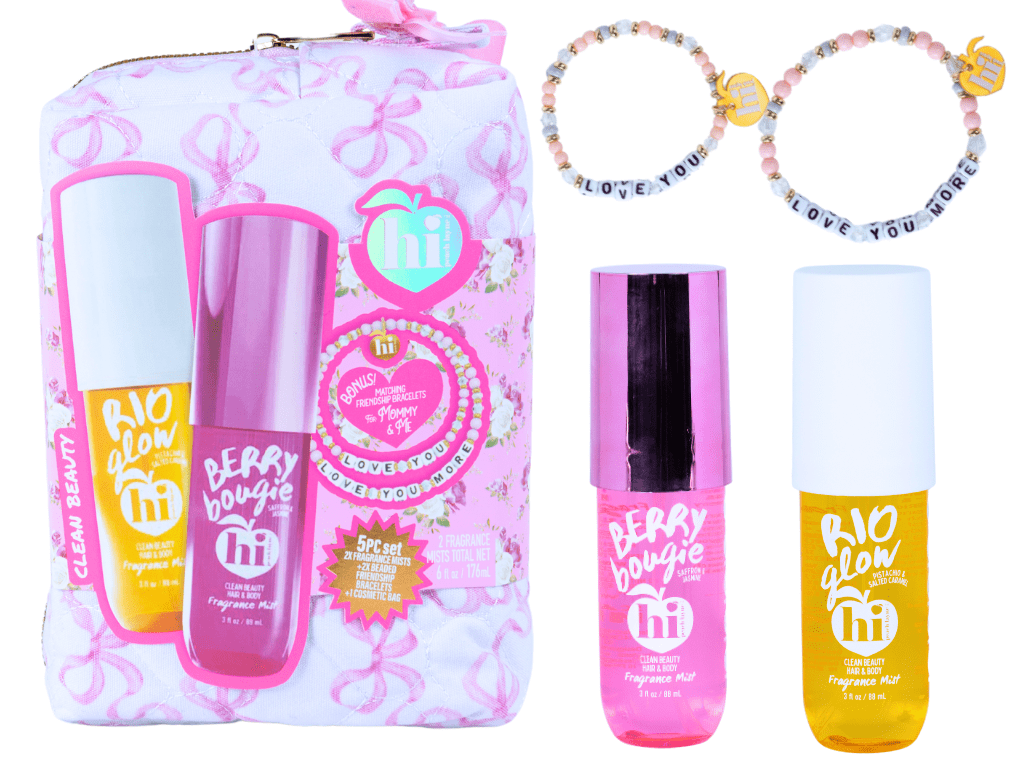 Hi Peach Layne Mommy and Me 5 Pieces Fragrance Mist Set, Pink Cosmetic Bag, Berry Bougie and Rio Glow Fragrance Mists 176ml, and Love You and More Bracelets