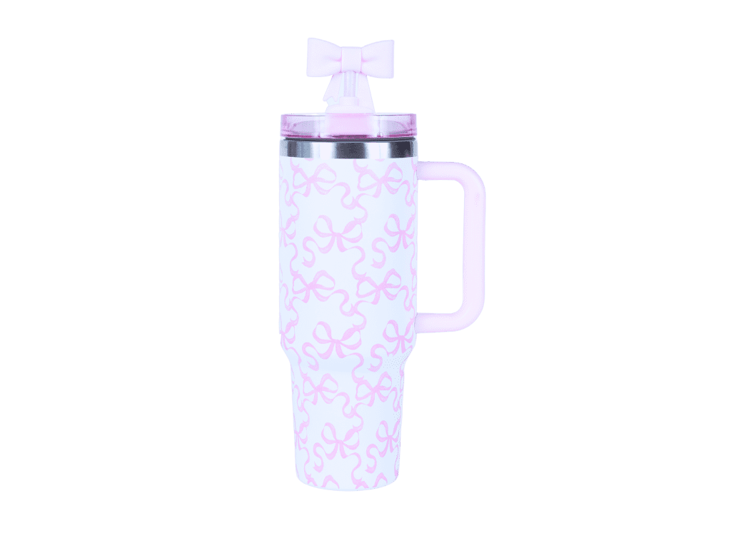 Hi Peach Layne Pink Bow Tumbler 40oz with Straw, Handle, & 30g Bath Bomb Inside, Limited Edition