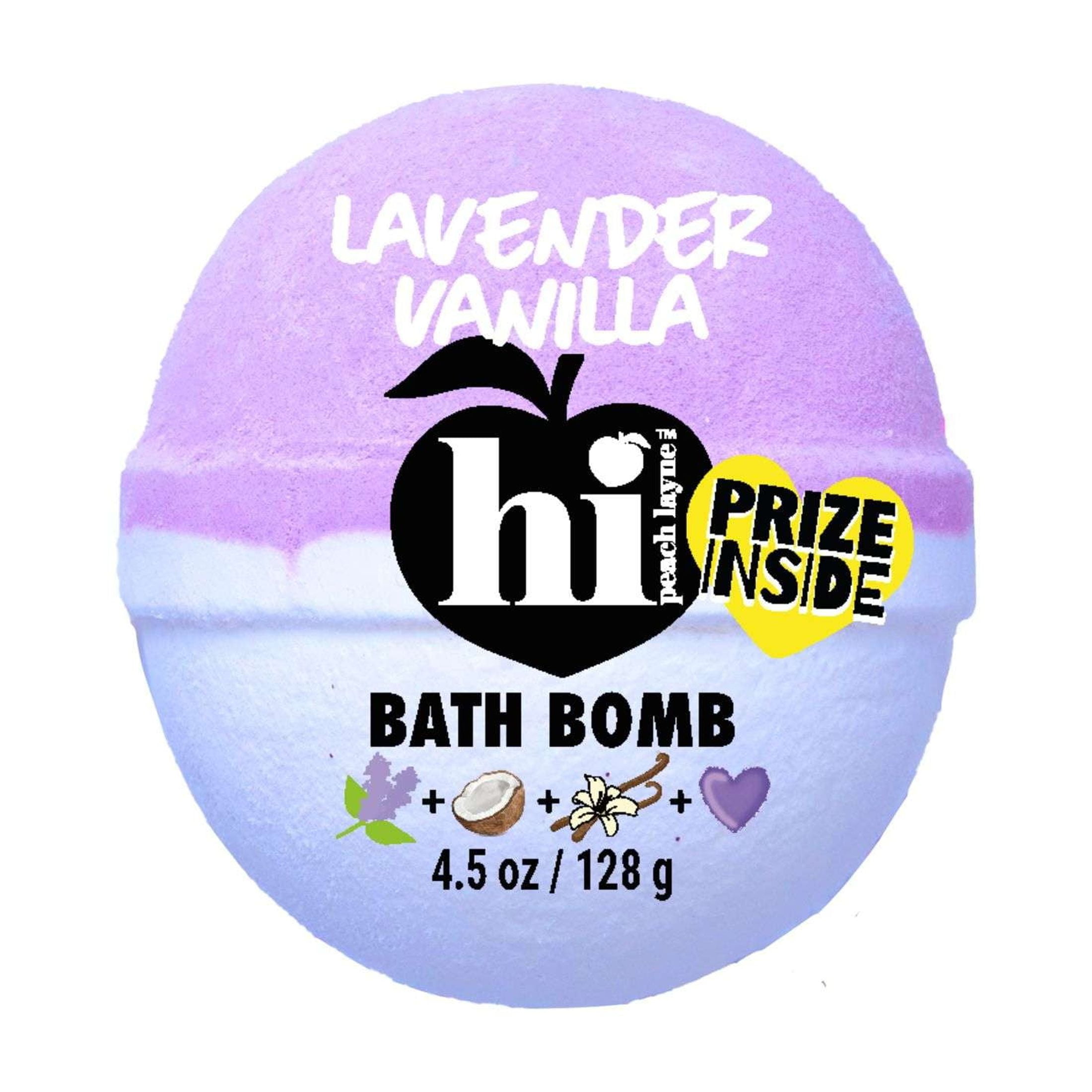 Hi Peach Layne Purple White Clean Beauty Aromatic Bath Bomb with Prize, Lavender Vanilla, 4.5oz
