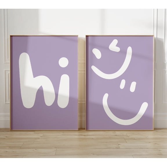Hi Print Lavender Wall Art Hello Happy Posters Purple Smile Art Set 2 Unframed Paper Print 8x12