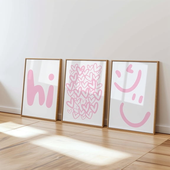 Hi Print Set Light Pink Wall Art Hello Smile Hearts Decor, Poster Only