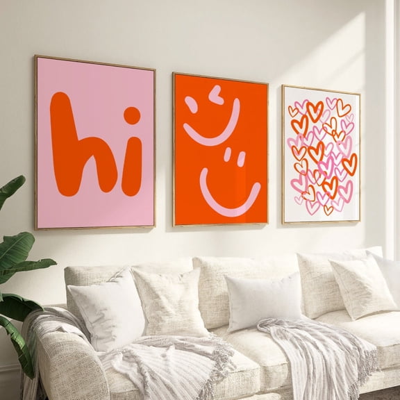 Hi Print Set Orange Pink Wall Art Hello Smile Hearts Decor Home Decor Paper Poster Print Only Set 3