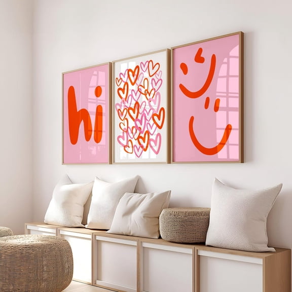 Hi Print Set Orange Pink Wall Art Hello Smile Hearts Decor Set 3 Stretched Canvas 8x12