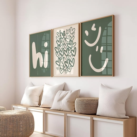 Hi Print Set Sage Green Wall Art Hello Smile Hearts Decor, Poster Only