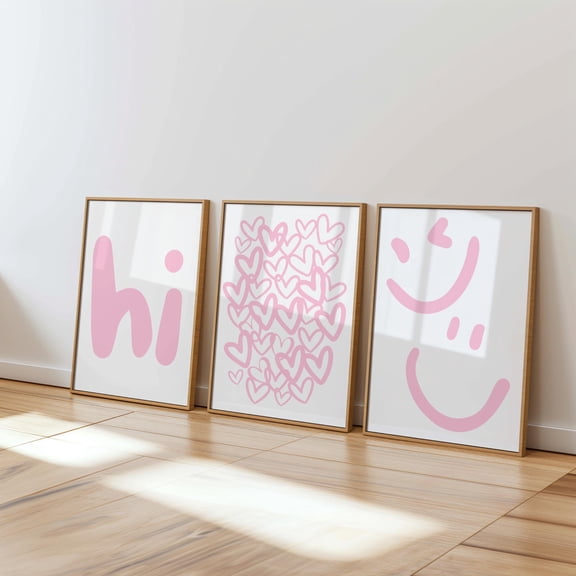 Hi Prints Light Pink Wall Art Hello Wall Art Hi Posters Print Wall Art Funny Smile Print Art Hearts Print Set 3