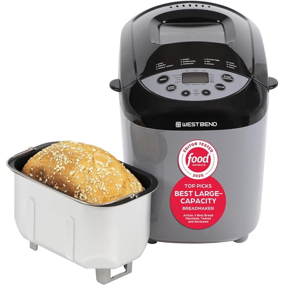 Hi-Rise Bread Maker Machine Programmable 12 Programs Including Gluten Free & 3 Loaf Sizes and Crust Colors with Traditionally-Shaped Horizontal Bread Pan with Dual Knead Blades, 3-Lb, Gray