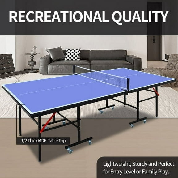 Hi-SPORTS,1-YEAR-WARRANTY,8FT Foldable & Portable Mid-Size Table Tennis Table with Net,2 Table Tennis Paddles and 3 Balls,Ping Pong Table Set for Indoor Games,Home,Office,Recreation Center