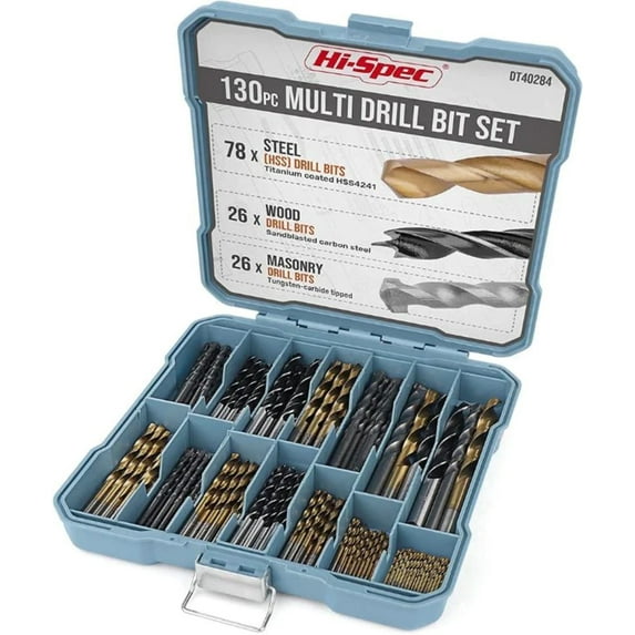 Hi-Spec 130 Piece Drill Bit Set for Metal, Wood & Concrete, HSS Titanium, Masonry & Brad Points, Storage Case