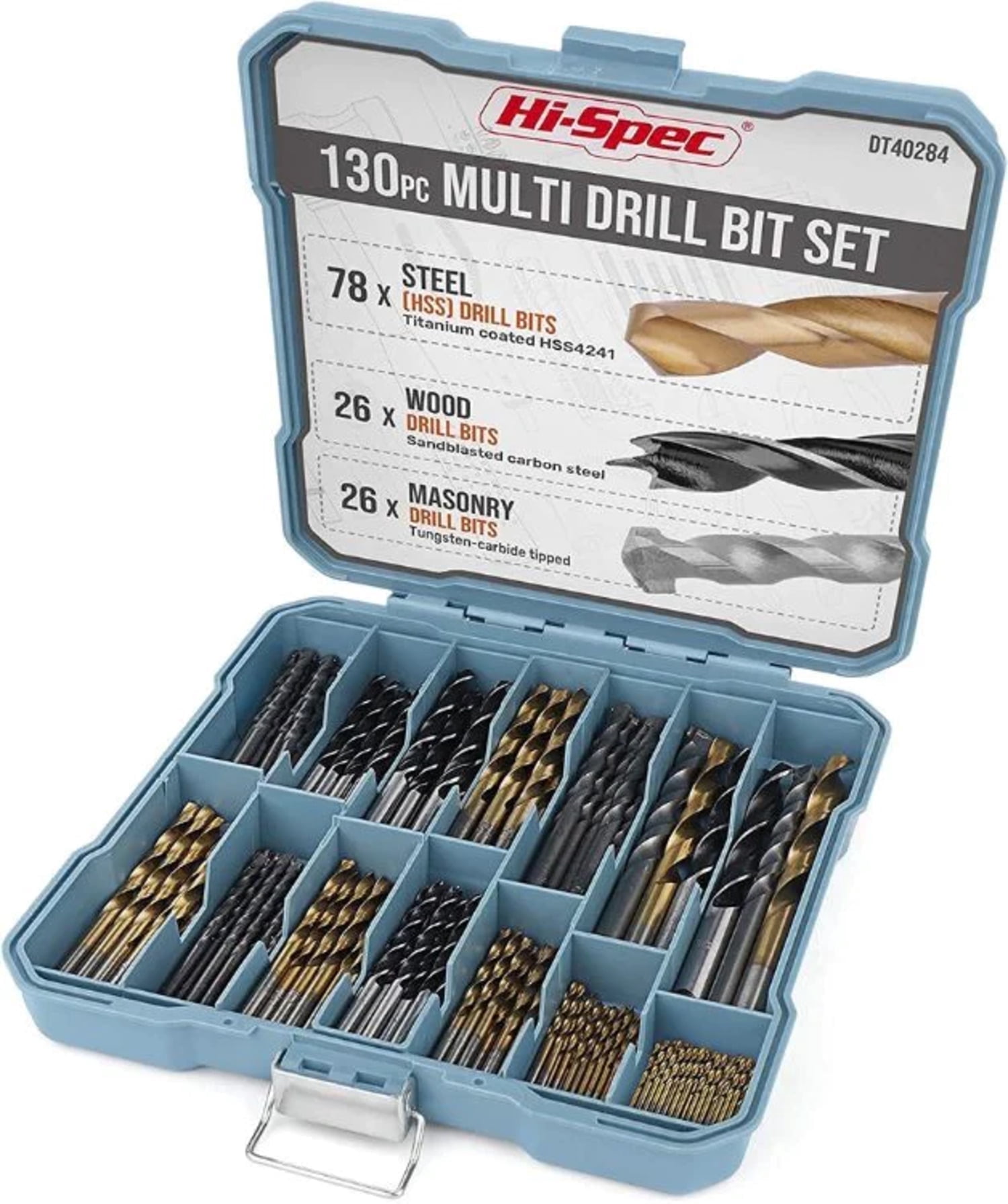 Hi-Spec 130 Piece Drill Bit Set for Metal, Wood & Concrete, HSS Titanium, Masonry & Brad Points, Storage Case