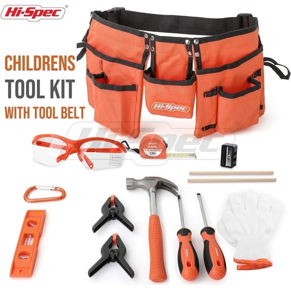 Hi-Spec 14pc Orange Kids Tool Set & Child Size Tool Belt, Real Kit for DIY Building, Woodwork & Construction