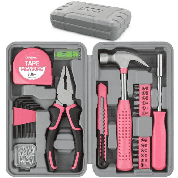 Hi-Spec 25pc Pink Small Basic Home DIY Lady Tool Box Kit. Household, Office & Women Compact Mini Set