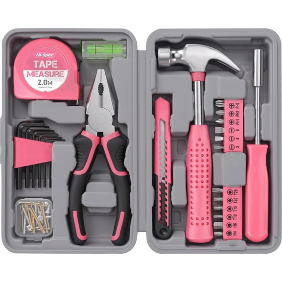 Hi-Spec 25pc Pink Small Basic Home DIY Lady Tool Box Kit. Household, Office & Women Compact Mini Set