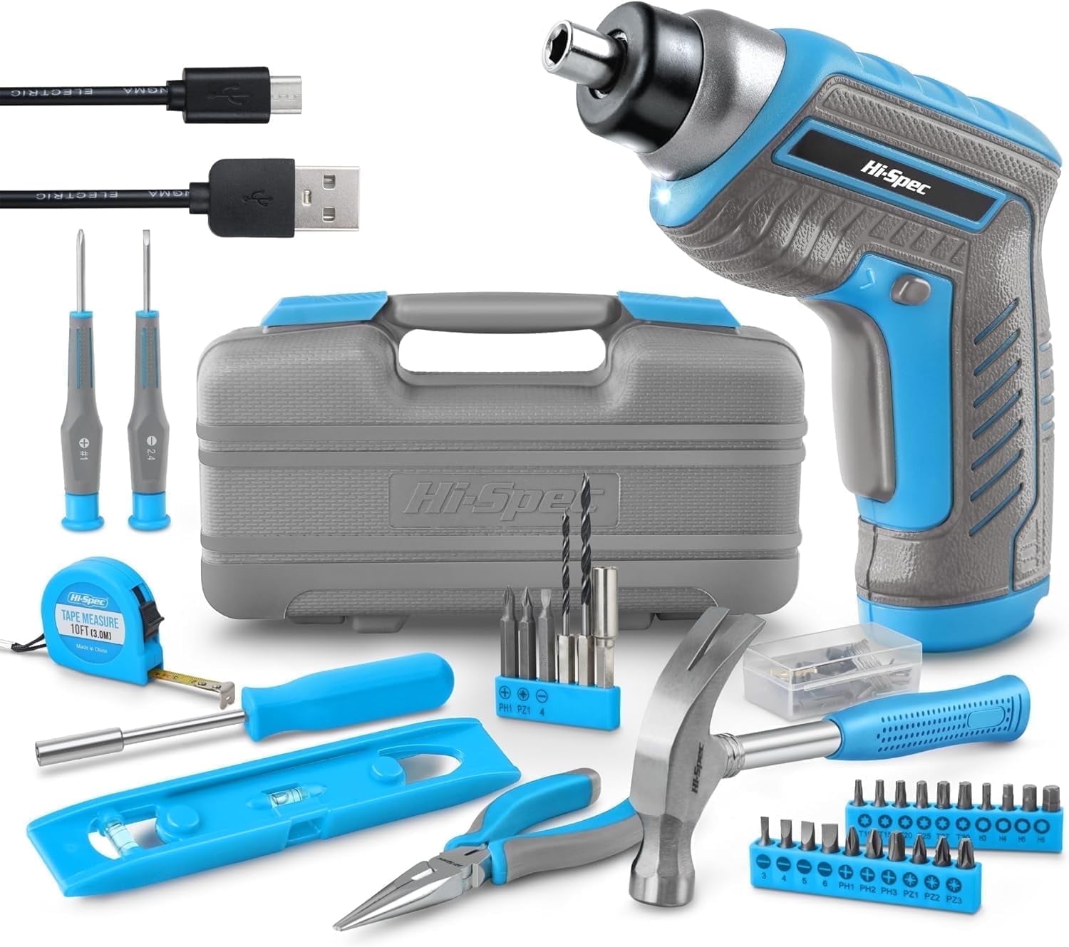 Hi-Spec 35pc Blue 3.6V Cordless Electric Power And USB Rechargeable Screwdriver and Home Tool Kit Set, Power Tools Combo Sets - Cordless Tools, With Handy And Easy Carrying Tool Case
