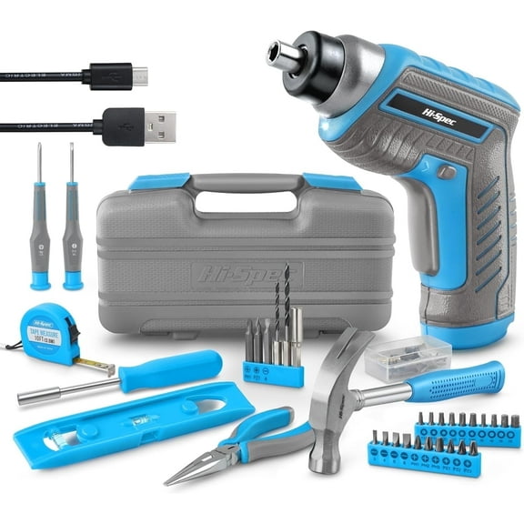 Hi-Spec 35pc Blue 3.6V Cordless Electric Power And USB Rechargeable Screwdriver and Home Tool Kit Set, Power Tools Combo Sets - Cordless Tools, With Handy And Easy Carrying Tool Case