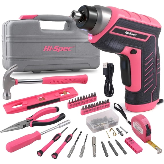 Hi-Spec 35pc Pink Tool Kit with 3.6V USB Electric Screwdriver and Drill Set. Complete Women Tool Set