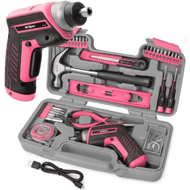 Hi-Spec 35pc Pink 3.6V Cordless Electric Power And USB Rechargeable Screwdriver and Home Tool Kit Set, Power Tools Combo Sets - Cordless Tools, With Handy And Easy Carrying Tool Case