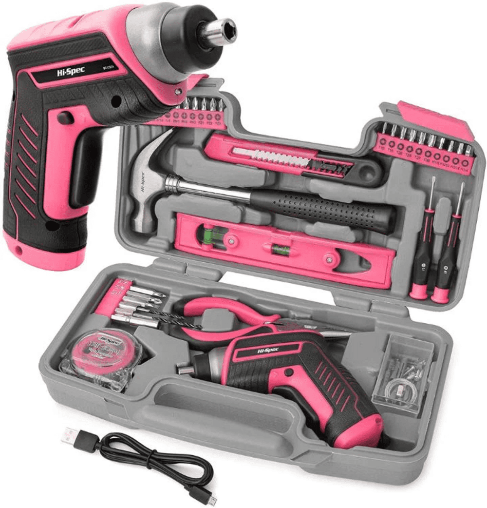 Hi-Spec 35pc Pink Tool Kit with 3.6V USB Electric Screwdriver and Drill Set. Complete Women Tool Set