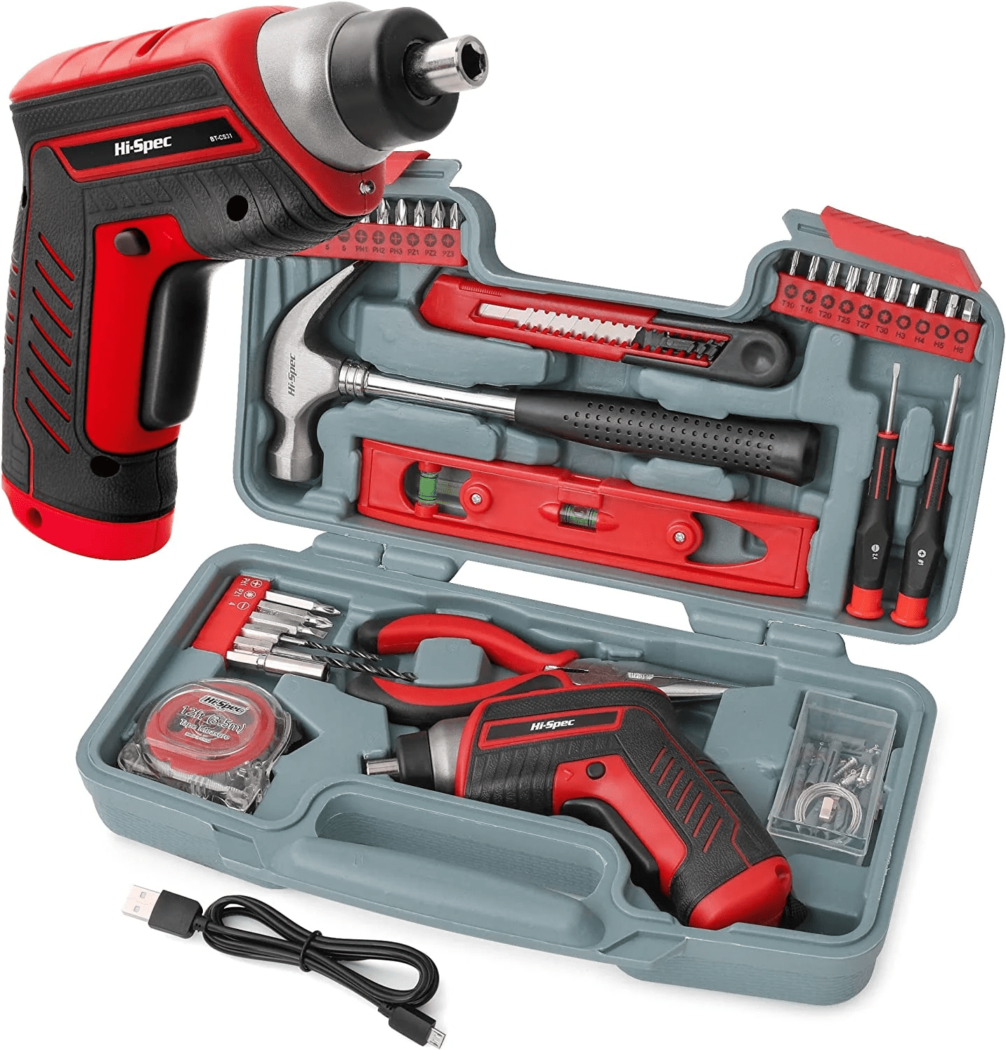 HiSpec Cordless Electric Screwdriver Set 35pc Red 3.6V USB Rechargeable ...
