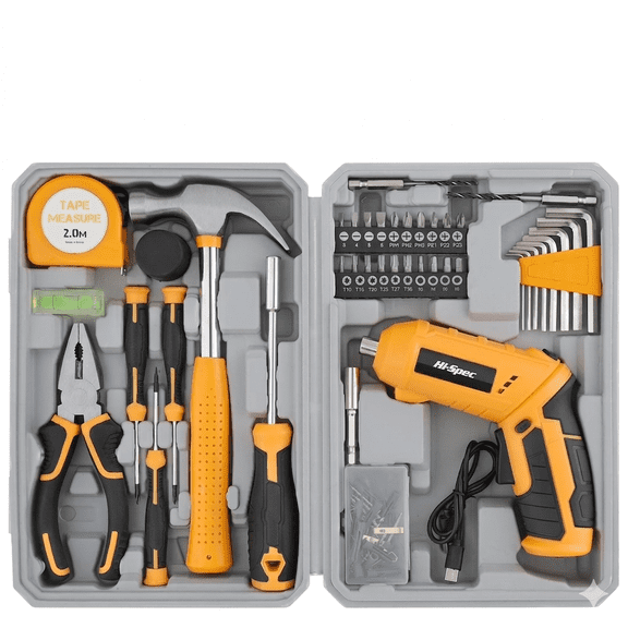 Hi-Spec 42pc 4V USB Electric Power Driver & Household Tool Kit. Cordless Power Screwdriver and Hand Tools in a Compact Box Case