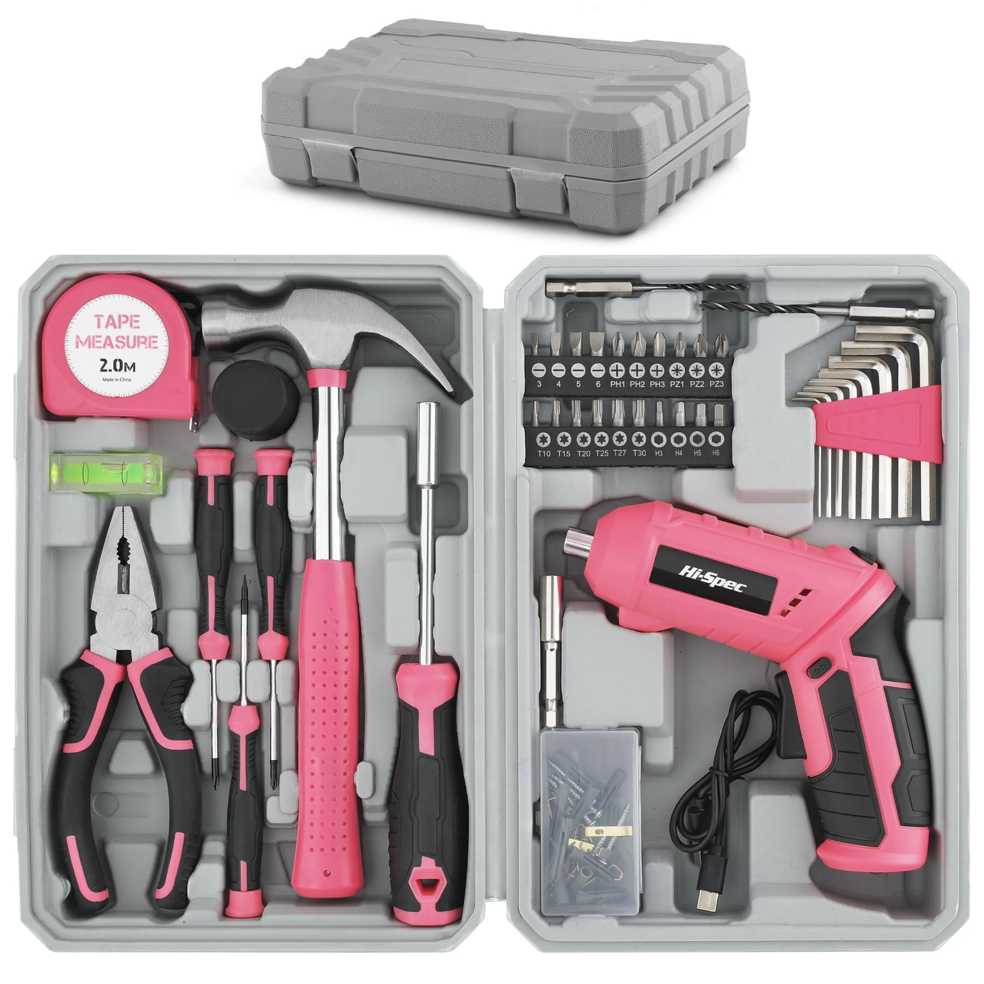 Hi-Spec 42pc Pink 4V USB Electric Power Driver & Household Tool Kit ...