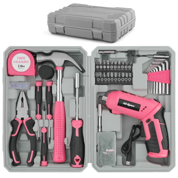 Hi-Spec 42pc Pink 4V USB Electric Power Driver & Household Womens Tool Kit. Cordless Power Screwdriver and Hand Tools in a Compact Box Case