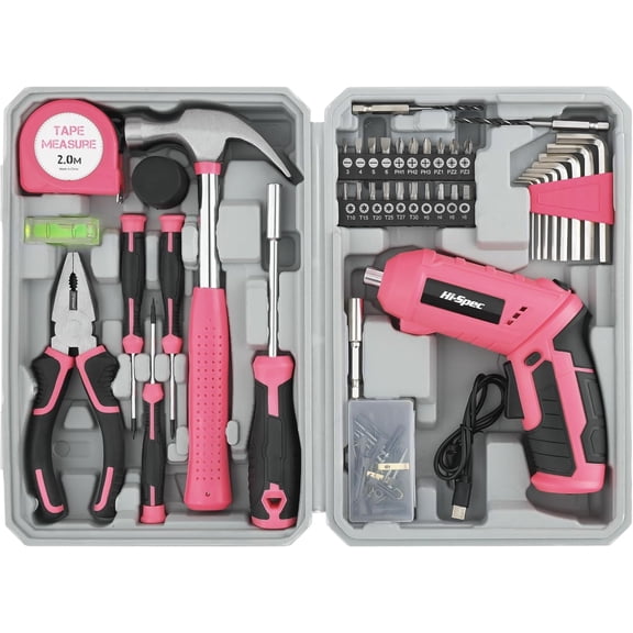 Hi-Spec 42pc Pink 4V USB Electric Power Driver & Household Womens Tool Kit. Cordless Power Screwdriver and Hand Tools in a Compact Box Case