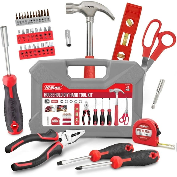 Hi-Spec 42pcs Red Small Tool Kit for Household, DIY, Office with Screwdriver, Bits, Compact Case