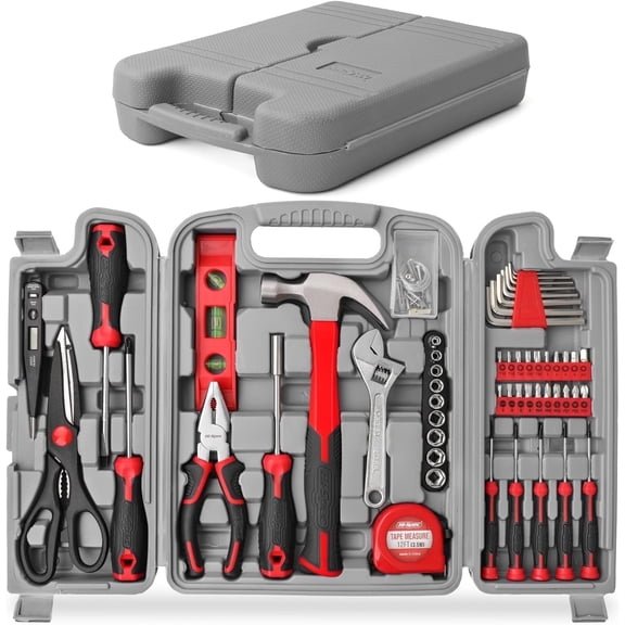 Hi-Spec 54pc Red Big Complete Home DIY Ladies Tool Box Kit. Household, Office & Women Portable Set