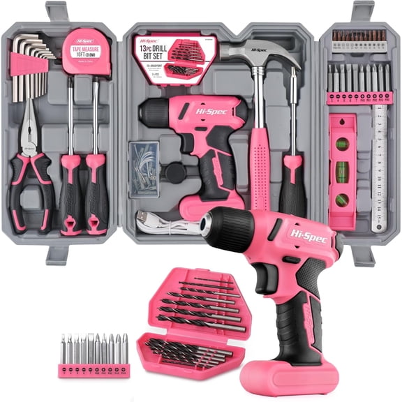 Hi-Spec 58pc Pink 8V USB Electric Power Cordless Drill Driver and Womens Ladies Home DIY Tool Kit Set. Screwdrivers, Drill Bit Set Accessories, Pliers and Hammer In a Toolbox Case