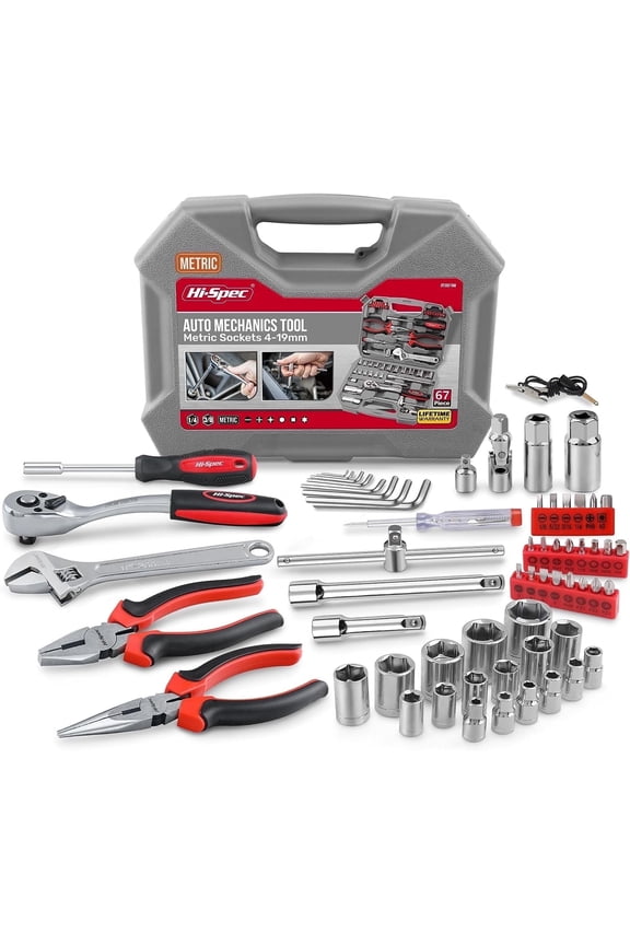 67-Piece Metric Hand Tool Kit for Car, Motorcycle, Engine & Garage Repairs with Sockets