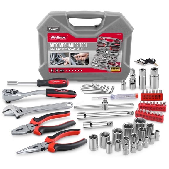 Hi-Spec Tools 67pc SAE Auto Mechanics Hand Tool Kit Set. Complete Car, Motorcycle, Engine & Garage Repairs with Sockets, Ratchet Wrench, Pliers