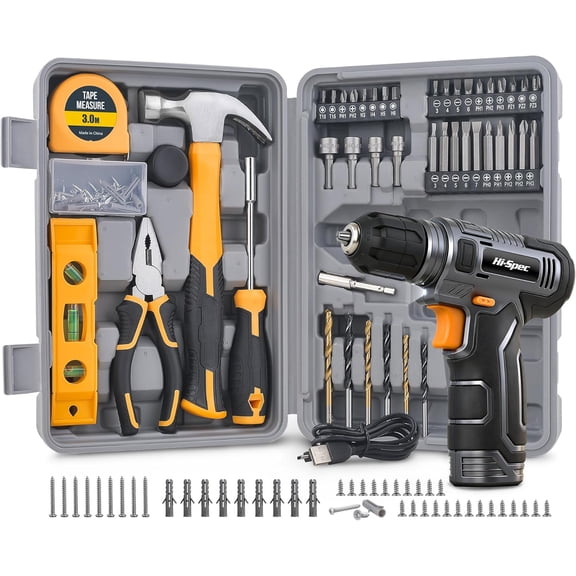 Hi-Spec 8V Cordless Drill Set & Home Tool Kit – USB Rechargeable Electric Power Drill Driver, Compact Tool Set with Essential Accessories, Gray, Perfect for DIY Repair, Maintenance, and Projects