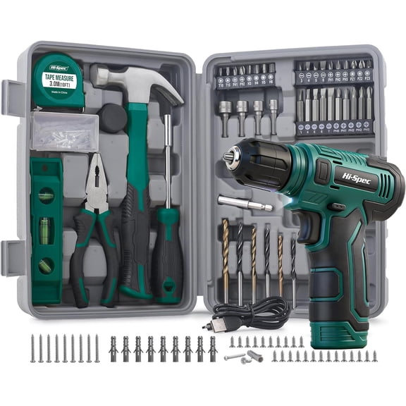 Hi-Spec 8V Cordless Drill Set & Home Tool Kit – USB Rechargeable Electric Power Drill Driver, Compact Tool Set with Essential Accessories, Green, Perfect for DIY Repair, Maintenance, and Projects
