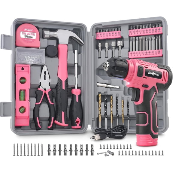 Hi-Spec 8V Cordless Drill Set & Home Tool Kit – USB Rechargeable Electric Power Drill Driver, Compact Tool Set with Essential Accessories, Pink, Perfect for DIY Repair, Maintenance, and Projects
