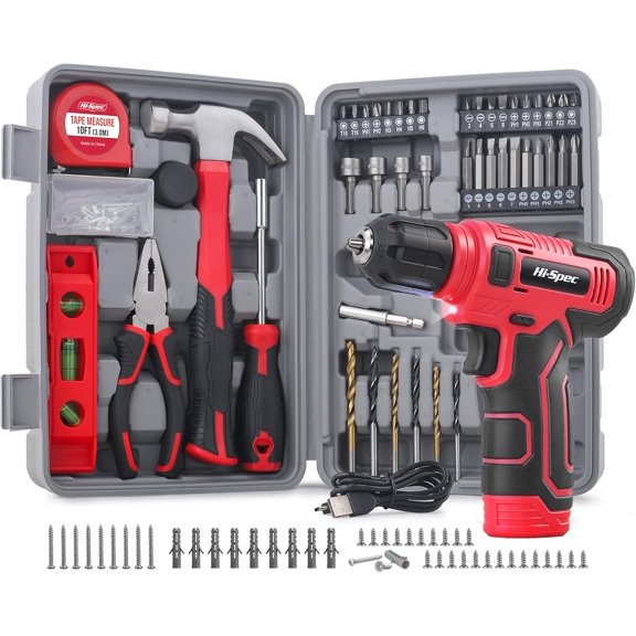 Hi-Spec 8V Cordless Drill Set & Home Tool Kit – USB Rechargeable Electric Power Drill Driver, Compact Tool Set with Essential Accessories, Red, Perfect for DIY Repair, Maintenance, and Projects