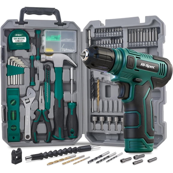 Hi-Spec Tool Set with 8V Cordless Drill Set. Complete DIY Tool Kit with USB Rechargeable Electric Drill Driver for Women and Men, Home Repair & Maintenance, in a Compact Toolbox, Green