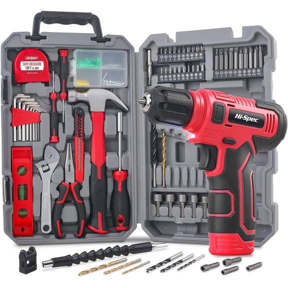 Hi-Spec Tool Set with 8V Cordless Drill Set. Complete DIY Tool Kit with USB Rechargeable Electric Drill Driver for Women and Men, Home Repair & Maintenance, in a Compact Toolbox, Red