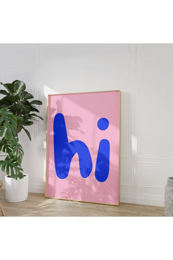 Hi T-Shirt Blue Pink Wall Art Hello Typography Blue Minimalist Graphic Tee, Stretched Canvas 12x16in