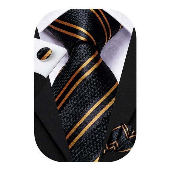Hi-Tie Black Gold Stripe Tie for Men Silk Necktie Pocket Square Cufflinks Set for Business Formal