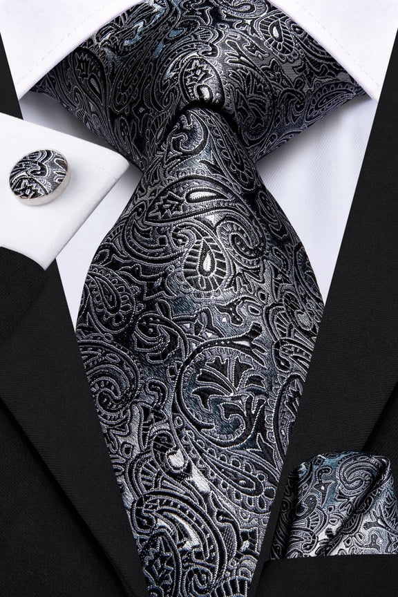 Black Grey Silk Necktie Paisley Mens Tie Pocket Square Cufflinks Set Business Formal
