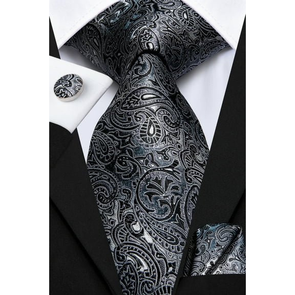 Hi-Tie Black Grey Silk Necktie Paisley Mens Tie Pocket Square Cufflinks Set Business Formal