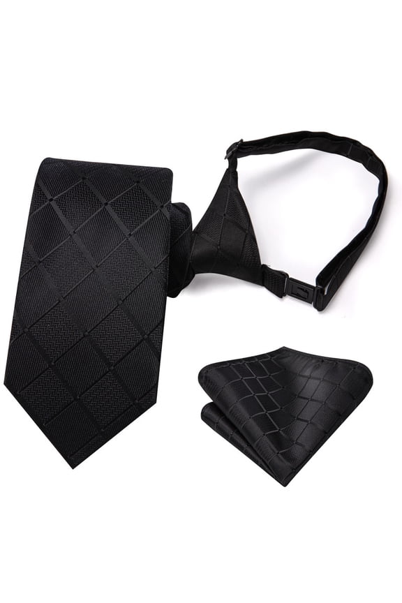 Boys Black Plaid Silk Zipper Tie Set Pre-Tied Adjustable Kids Necktie with Pocket Square for Wedding Graduation Age 8-12